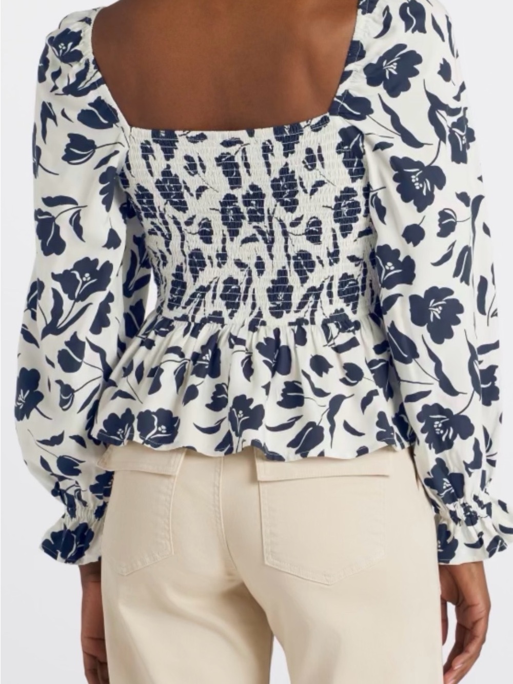 Square-Neck Smocked Floral Peplum Blouse - Navy on White